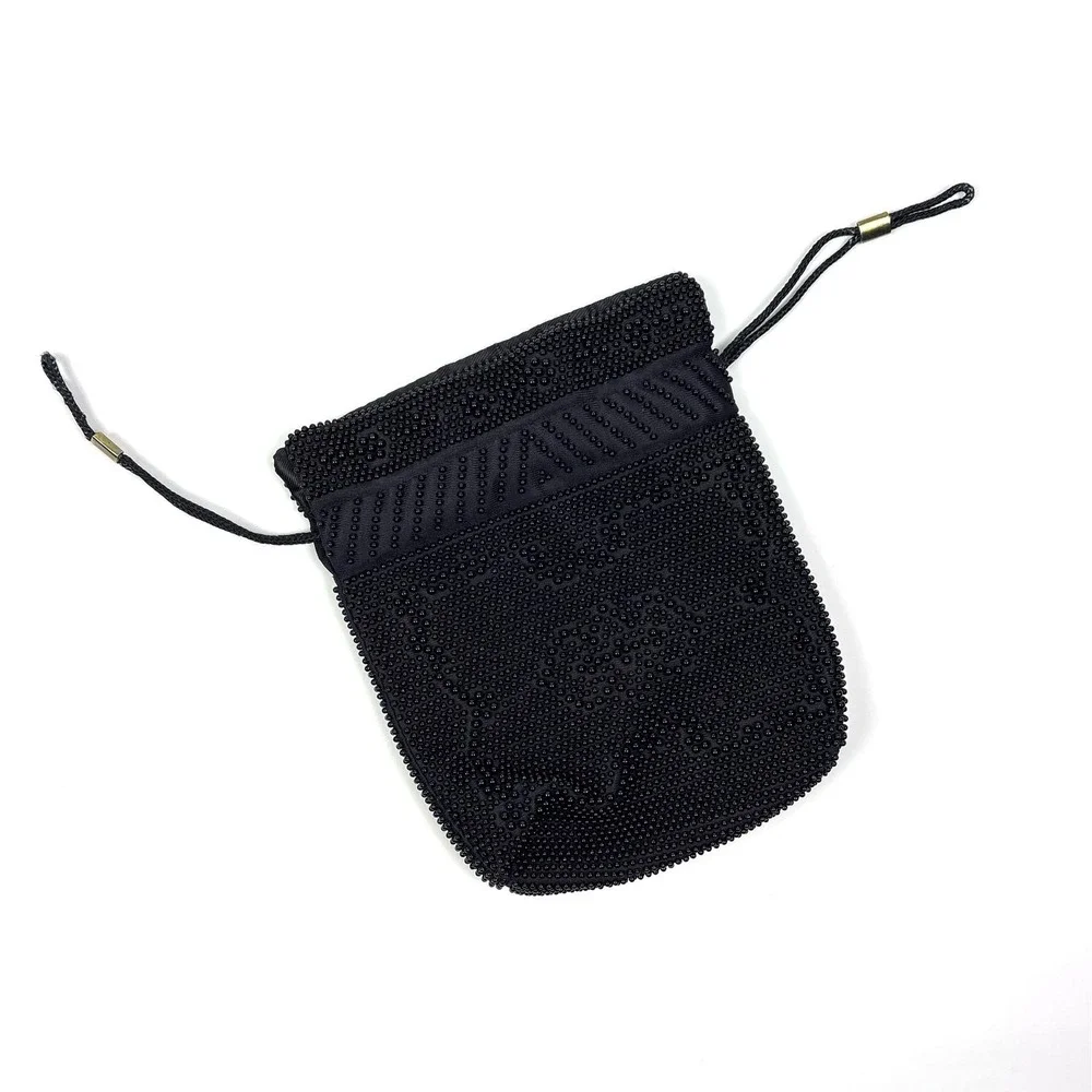 VTG Corde Bead Evening Bag Clutch Purse‎ Black Jet Glass 50s 60s Hong Kong Cinch